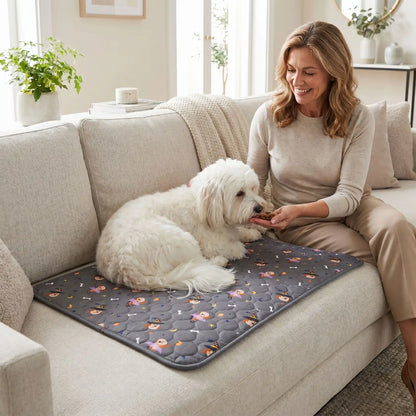Tapis absorbant pour chien-chiot-motif design chien, surface matelassée douce et hypoallergénique, rembourré en coton haute densité ultra-absorbant, 4 couches avec TPU 100% imperméable et résistant aux griffes, antidérapant, lavable en machine à 30° de couleur gris en 4 taille M, L, XL et XXL pour chiot et chien de petite à très grande taille-un petit chien couché confortablement sur son tapis gris M qui protège les sièges du canapé , à côté de sa maitresse qui lui donne des friandises à manger 