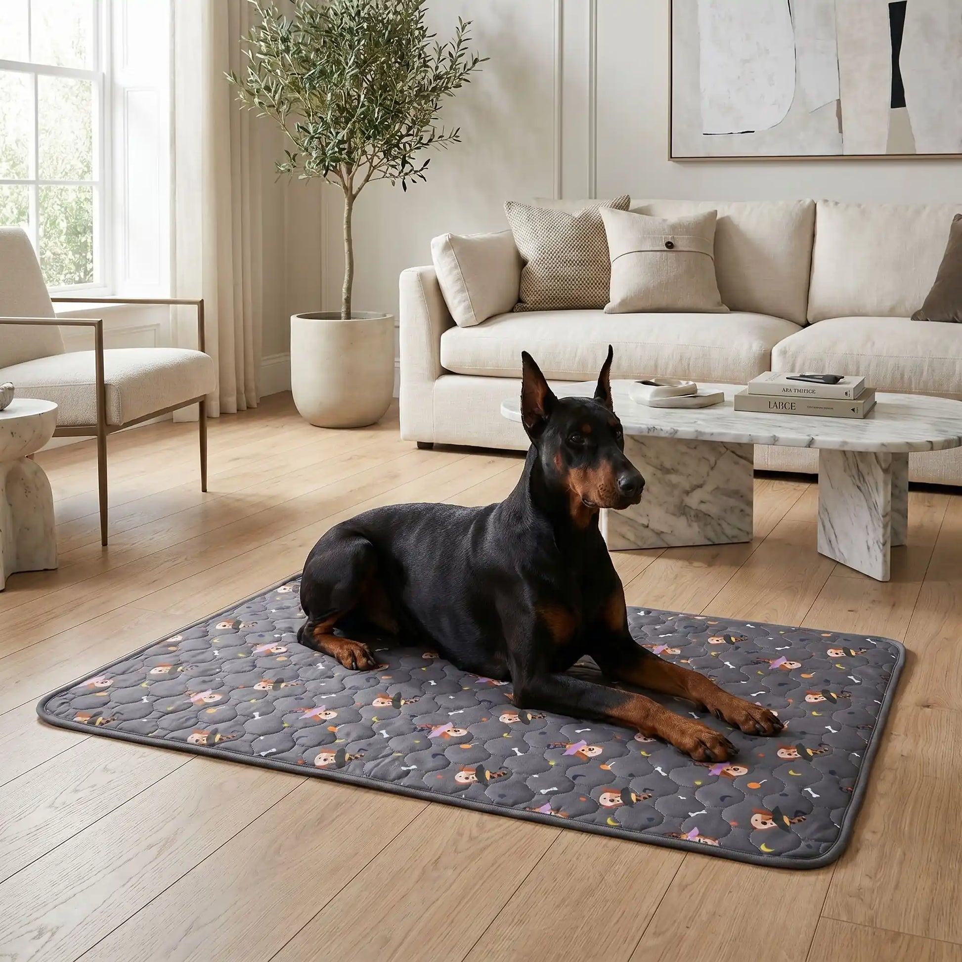 Tapis-impermeable-chien-chiot-motif design de bouledogue francais, os et pattes de chien, surface matelassée douce et hypoallergénique, rembourré en coton haute densité ultra-absorbant, 4 couches avec TPU 100% imperméable et résistant aux griffes, antidérapant, lavable en machine à 30° de couleur gris en 4 taille M, L, XL et XXL pour chiot et chien de petite à très grande taille-un chien de grande race couché confortablement sur son tapis gris xxl avec motif chien sur le sol en parquet du salon de la maison