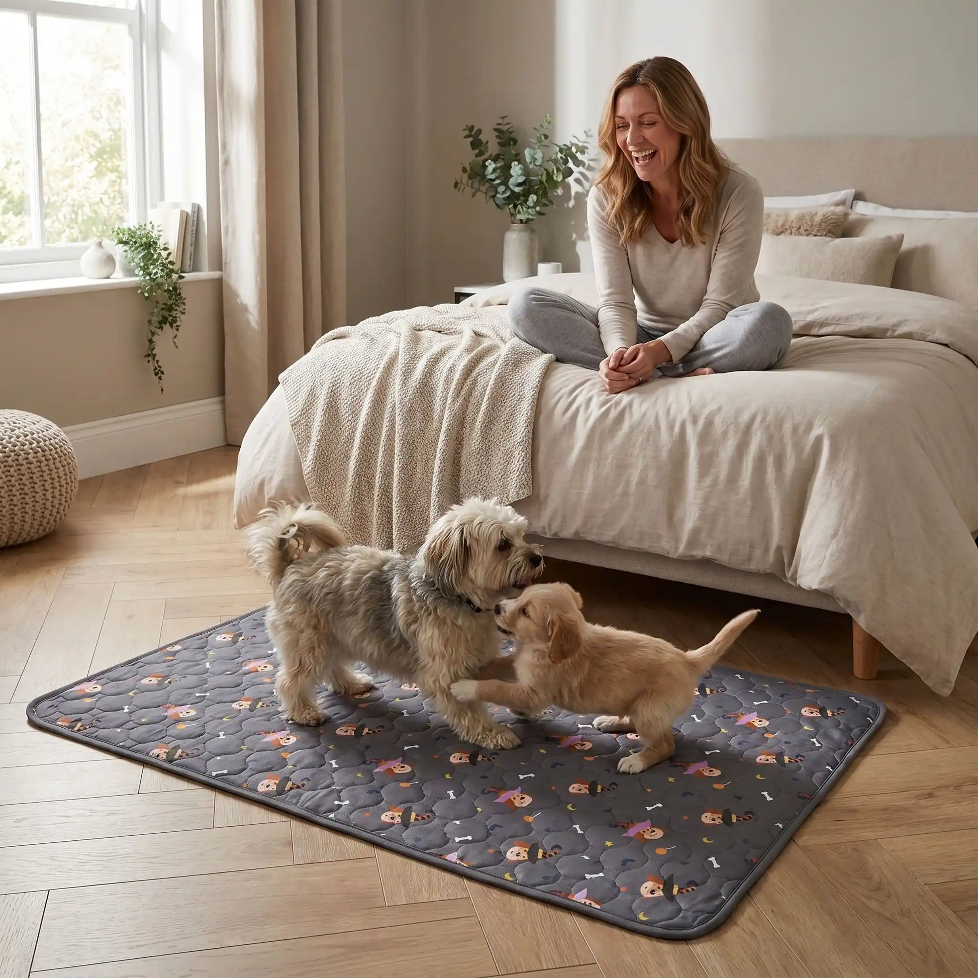 Tapis-impermeable-chien-chiot-motif design de bouledogue francais, os et pattes de chien, surface matelassée douce et hypoallergénique, rembourré en coton haute densité ultra-absorbant, 4 couches avec TPU 100% imperméable et résistant aux griffes, antidérapant, lavable en machine à 30° de couleur gris en 4 taille M, L, XL et XXL pour chiot et chien de petite à très grande taille-un petit chien et un chiot qui jouent sur le tapis gris xxl avec motif chien sur le sol en parquet de la chambre de l'appartement