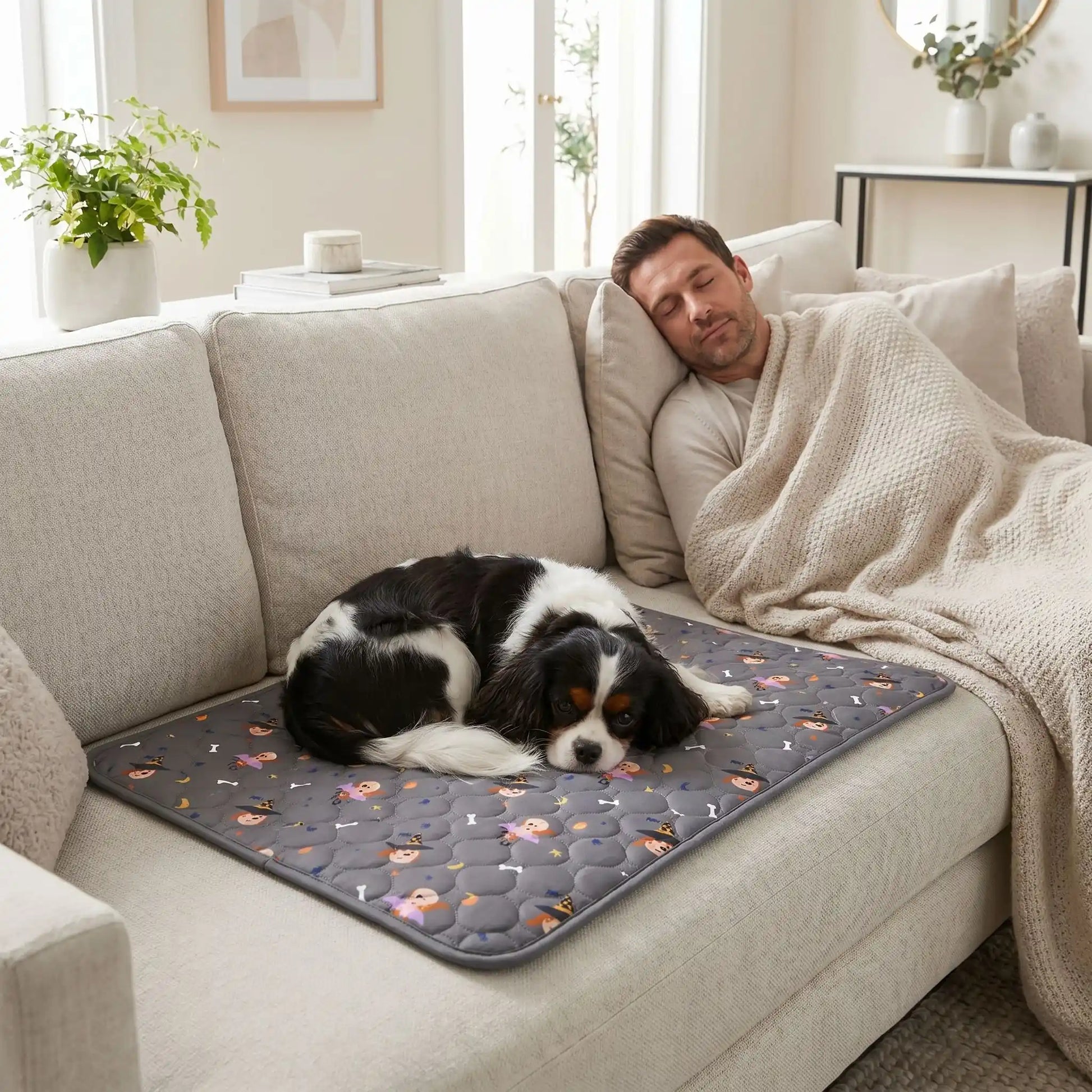 Tapis-impermeable-chien-chiot-motif design de bouledogue francais, os et pattes de chien, surface matelassée douce et hypoallergénique, rembourré en coton haute densité ultra-absorbant, 4 couches avec TPU 100% imperméable et résistant aux griffes, antidérapant, lavable en machine à 30° de couleur gris en 4 taille M, L, XL et XXL pour chiot et chien de petite à très grande taille-un chien moyen qui dort paisiblement sur son tapis gris qui protège le canapé à côté de son maitre qui fait la sieste 