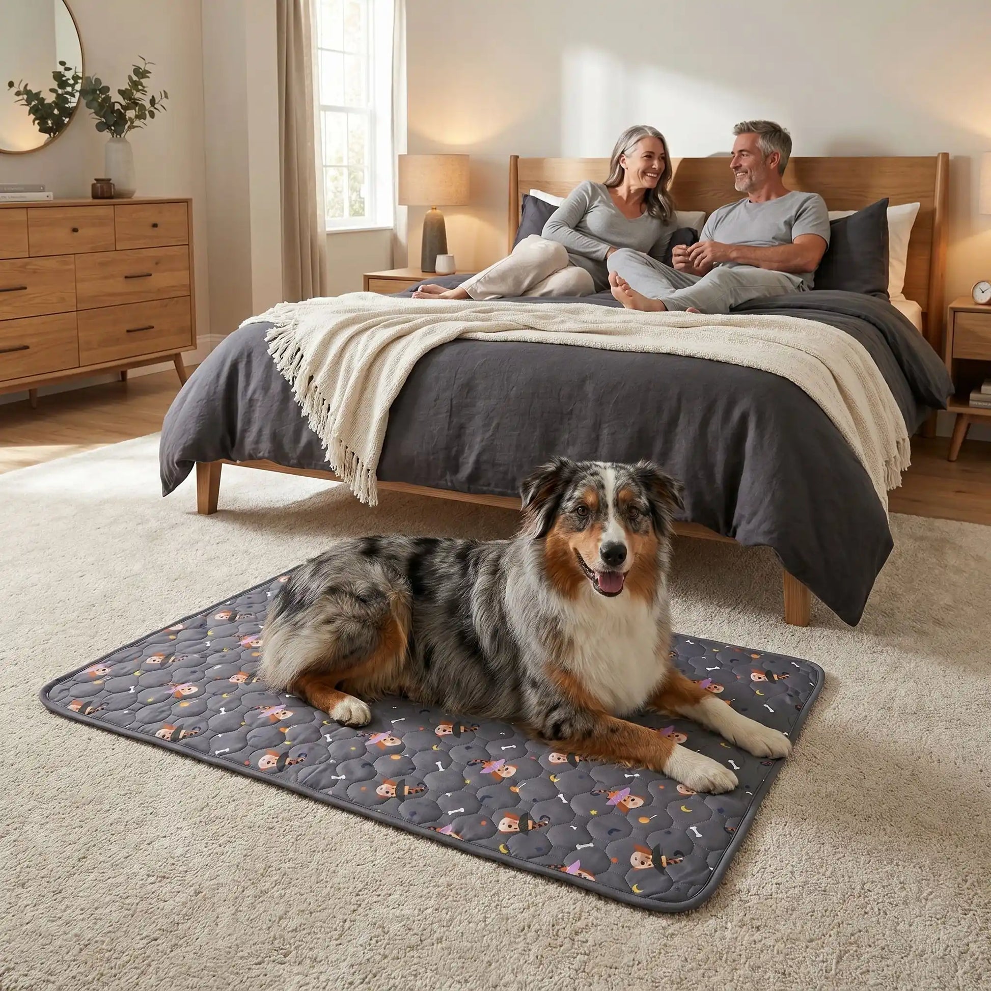 Tapis-impermeable-chien-chiot-motif design de bouledogue francais, os et pattes de chien, surface matelassée douce et hypoallergénique, rembourré en coton haute densité ultra-absorbant, 4 couches avec TPU 100% imperméable et résistant aux griffes, antidérapant, lavable en machine à 30° de couleur gris en 4 taille M, L, XL et XXL pour chiot et chien de petite à très grande taille-un chien de race moyenne couché confortablement sur son tapis gris sur le sol de la moquette au pied du lit de ses maitres 