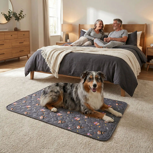 Tapis-impermeable-chien-chiot-motif design de bouledogue francais, os et pattes de chien, surface matelassée douce et hypoallergénique, rembourré en coton haute densité ultra-absorbant, 4 couches avec TPU 100% imperméable et résistant aux griffes, antidérapant, lavable en machine à 30° de couleur gris en 4 taille M, L, XL et XXL pour chiot et chien de petite à très grande taille-un chien de race moyenne couché confortablement sur son tapis gris sur le sol de la moquette au pied du lit de ses maitres 