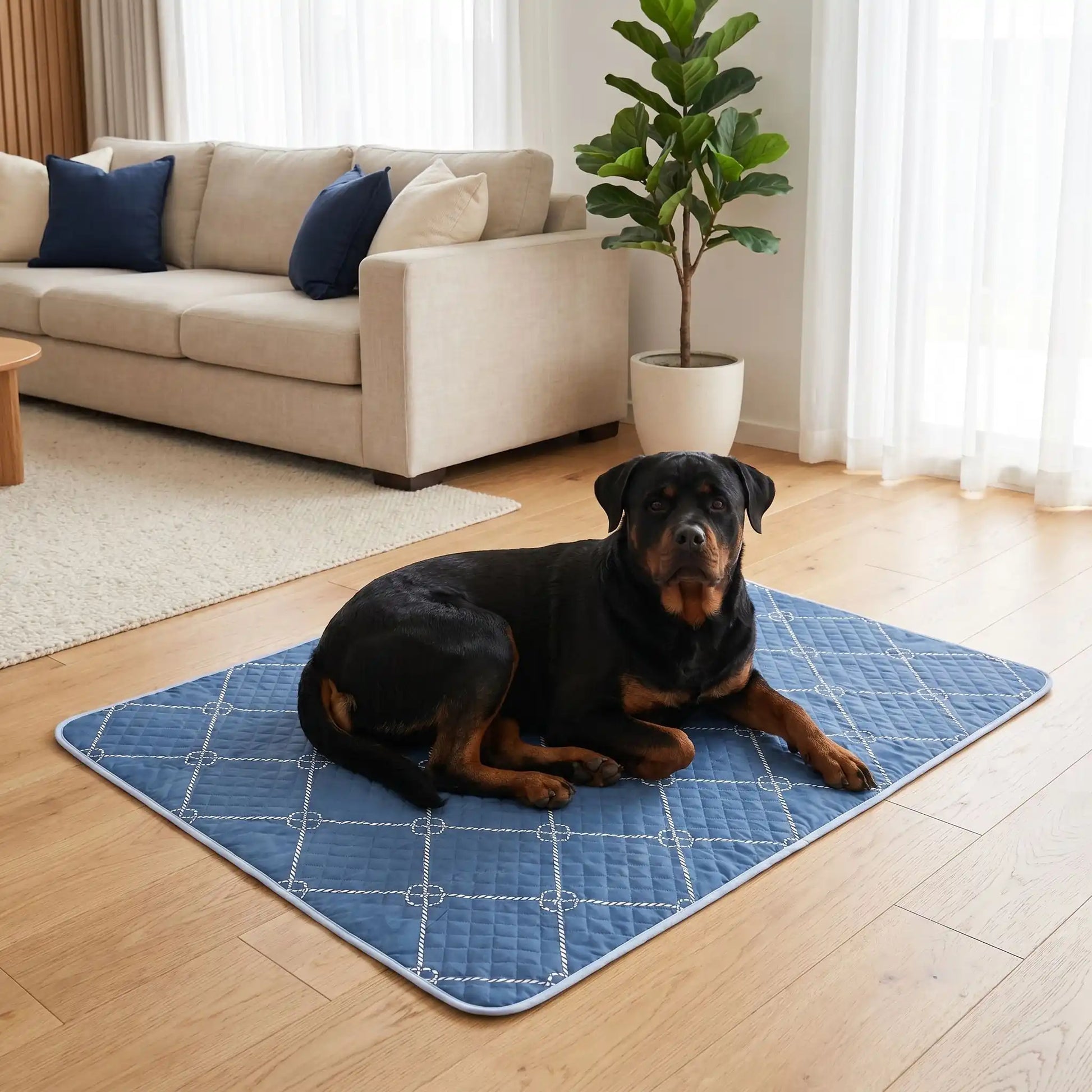 Tapis-absorbant-pour-chien-chiot-lot-de-2- surface douce er résistante au griffes , coton haute densité, 100% imperméable, antidérapant, ne retient pas les poils, design chic bleu roi avec géométrie fine, lavable en machine, réutilisable, économique, vendu par lot de 2, en 4 tailles : M, L, XL et XXL pour chiot et chien de petite à très grande race,protection canapé, voiture, caisse de transport, literie, sol, etc- un Rottweiller couché sur son grand tapis absorbant xxl dans le salon de l'appartement