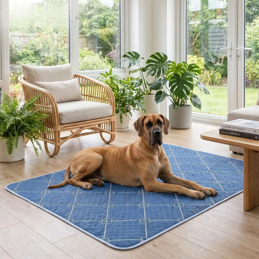 Tapis-absorbant-pour-chien-chiot-lot-de-2- surface douce er résistante au griffes , coton haute densité, 100% imperméable, antidérapant, ne retient pas les poils, design chic bleu roi avec géométrie fine, lavable en machine, réutilisable, économique, vendu par lot de 2, en 4 tailles : M, L, XL et XXL pour chiot et chien de petite à très grande race,protection canapé, voiture, caisse de transport, literie, sol, etc- un Dogue de bordeaux couché sur son grand tapis absorbant xxl dans le salon de la maison