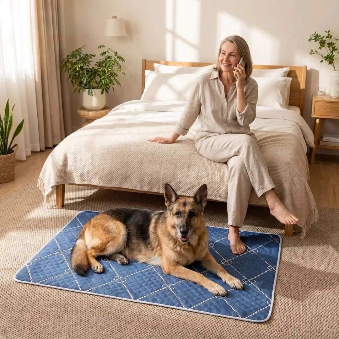 Tapis-absorbant-pour-chien-chiot-lot-de-2- surface douce er résistante au griffes , coton haute densité, 100% imperméable, antidérapant, ne retient pas les poils, design chic bleu roi avec géométrie fine, lavable en machine, réutilisable, économique, vendu par lot de 2, tailles : M, L, XL et XXL pour chiot et chien de petite à très grande race,protection canapé, voiture, caisse de transport, literie, sol- un Berger allemand  couché sur son grand tapis absorbant xxl au pied de sa maitresse assise sur son lit