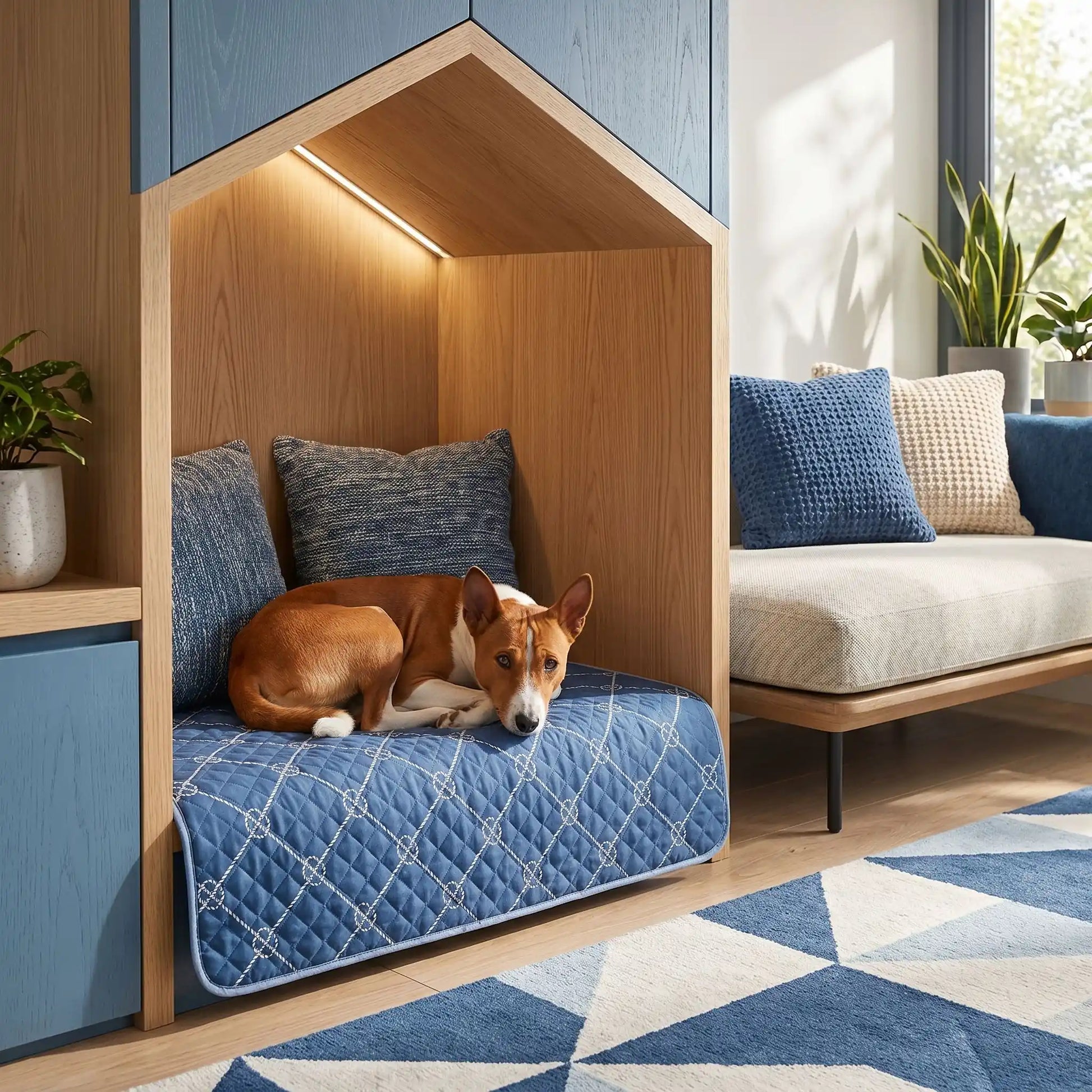 Tapis-absorbant-pour-chien-chiot-lot-de-2- surface douce er résistante au griffes , coton haute densité, 100% imperméable, antidérapant, ne retient pas les poils, design chic bleu roi avec géométrie fine, lavable en machine, réutilisable, économique, vendu par lot de 2, en 4 tailles : M, L, XL et XXL pour chiot et chien de petite à très grande race,protection canapé, voiture, caisse de transport, literie, sol, etc- un Basenji couché sur son grand tapis absorbant taille xl dans sa niche en bois dans le salon