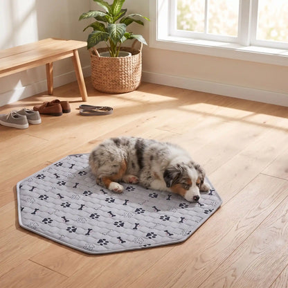 Tapis-absorbant-pour-chien-chiot-octogonale, confortable, épais, solide, résistant aux griffes, protection efficace pour protection du parc, des meubles, literie canine, transport, lavable en machine, antidérapant, 100% imperméable,lavable en machine et réutilisable avec design mignon de pattes de chien et os pour chiot et chien -un chiot de race moyenne qui dort sur le tapis bleu 100% absorbant de forme octogonale anti poils sur le sol du salon de l'appartement