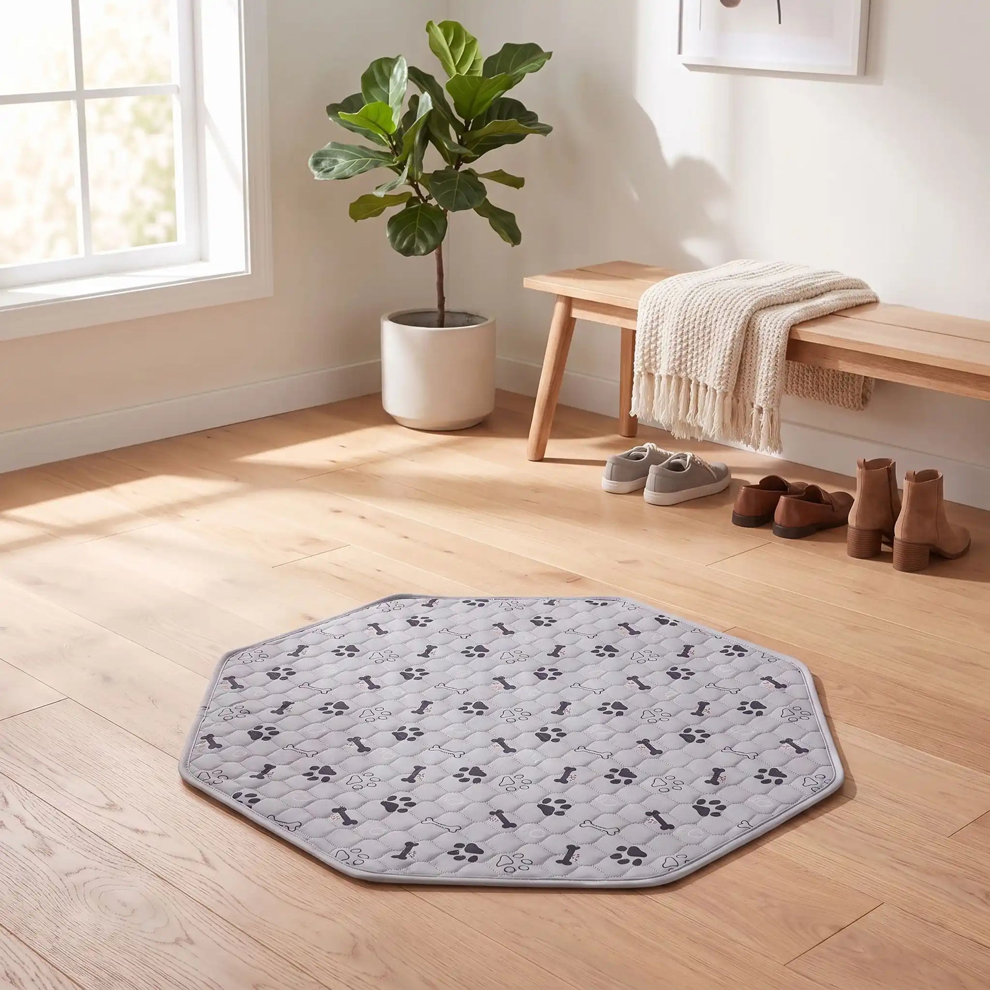 Tapis-absorbant-pour-chien-chiot-octogonale, confortable, épais, solide, résistant aux griffes, protection efficace pour protection du parc, des meubles, literie canine, transport, lavable en machine, antidérapant, 100% imperméable,lavable en machine et réutilisable avec design mignon de pattes de chien et os pour chiot et chien -gros plan sur le tapis gris 100% absorbant de forme octogonale de 74 cm sur le sol du salon de la maison