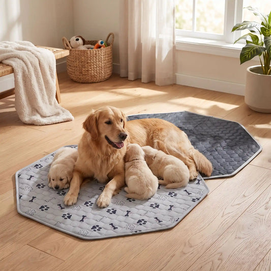 Tapis-absorbant-pour-chien-chiot-octogonale, confortable, épais, solide, résistant aux griffes, protection efficace pour protection du parc, des meubles, literie canine, transport, lavable en machine, antidérapant, 100% imperméable,lavable en machine et réutilisable avec design mignon de pattes de chien et os pour chiot et chien -un golden retriever avec ses chiots couché confortablement sur le tapis gris 100% absorbant de forme octogonale de 74 cm sur le sol du salon de l'appartement