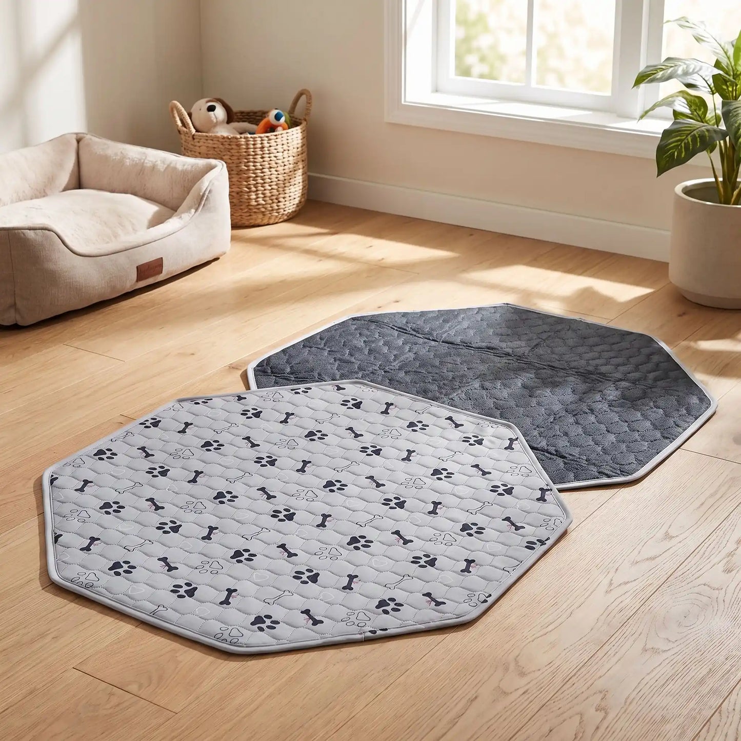 Tapis-absorbant-pour-chien-chiot-octogonale, confortable, épais, solide, résistant aux griffes, protection efficace pour protection du parc, des meubles, literie canine, transport, lavable en machine, antidérapant, 100% imperméable,lavable en machine et réutilisable avec design mignon de pattes de chien et os pour chiot et chien -gros plan sur le tapis gris recto verso 100% absorbant de forme octogonale de 74 cm sur le sol du salon de l'appartement