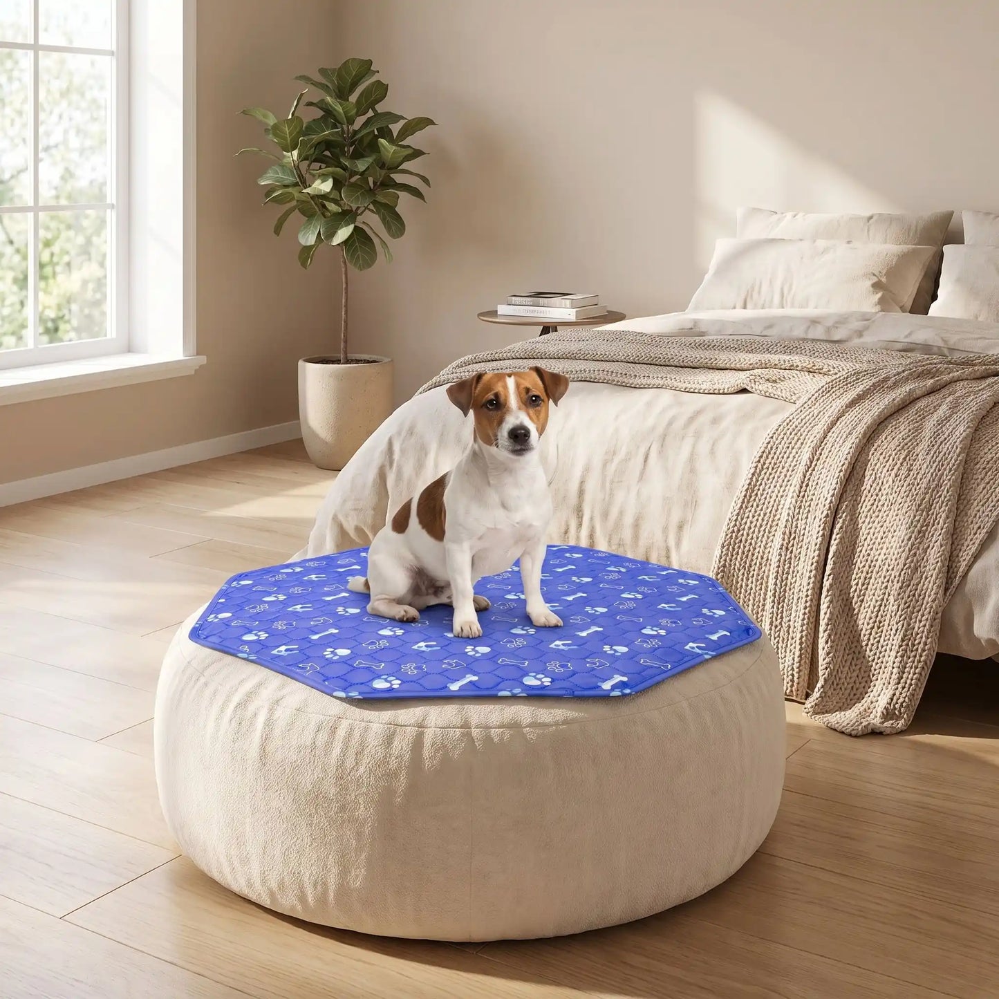 Tapis-absorbant-pour-chien-chiot-octogonale, confortable, épais, solide, résistant aux griffes, protection efficace pour protection du parc, des meubles, literie canine, transport, lavable en machine, antidérapant, 100% imperméable,lavable en machine et réutilisable avec design mignon de pattes de chien et os pour chiot et chien -un chien de petite taille assis sur le tapis bleu 100% absorbant de forme octogonale de 74 cm posé sur le pouf rond pour chien dans la chambre de l'appartement