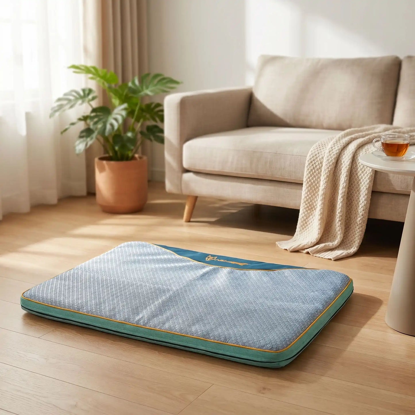 Tapis-chien-rafraichissant déhoussable et lavable en machine, avec matelas orthopédique 100% coton haute densité, antidérapant, pour un usage en surmatelas ou tapis épais haute réislience, disponible en taille xl et xxl pour chiot et chien de grande taille- gros plan sur le tapis rafraichissant avec matelas orthopédique xxl de 120 cm de long de couleur gris en maille respirante et finition soignée pour un effet chic et moderne sur le sol du salon de l'appartement en été