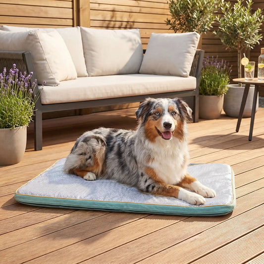 Tapis-chien-rafraichissant déhoussable et lavable en machine, avec matelas orthopédique 100% coton haute densité, antidérapant, pour un usage en surmatelas ou tapis épais haute réislience, disponible en taille xl et xxl pour chiot et chien de grande taille- un chien de moyenne race couché confortablement sur son tapis rafraichissant orthopédique xxl de 120 cm de long sur le sol de la terasse de la maison en été