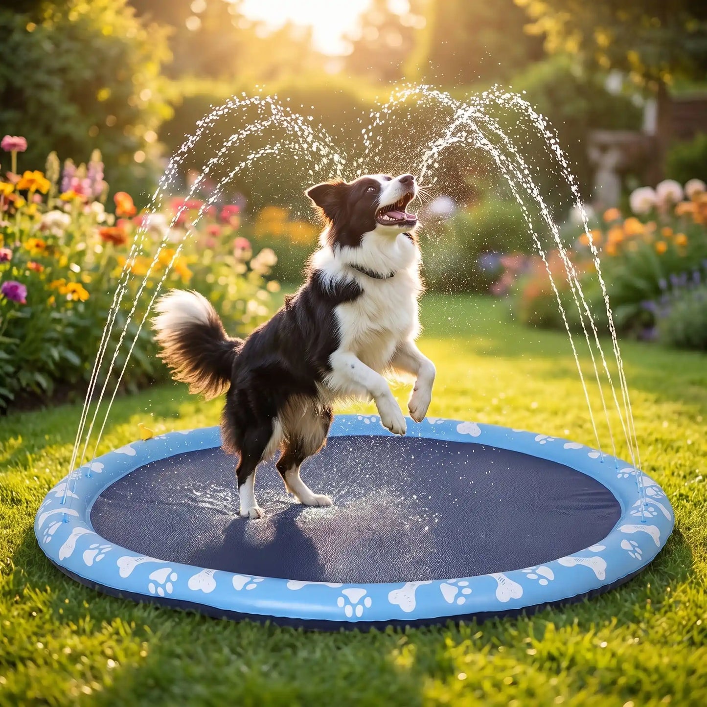 Tapis-d-eau-pour-chien-aquatique-avec-jet-d-eau, installation immédiate sans gonflage ni outil, se branche directement au tuyau d'arrosage et donne des jets de différentes hateur selon le réglage d'ouverture du robinet d'eau, antidérapant, ultra-résistant aux griffes avec PVC épaissi et motif mignon sur le boudin d'os et de pattes pour chien de couleur blanc-un chien de moyenne taille au milieu du tapis d'eau sous les jets qu'ils essayent d'attraper dans le jardin de la maison en été
