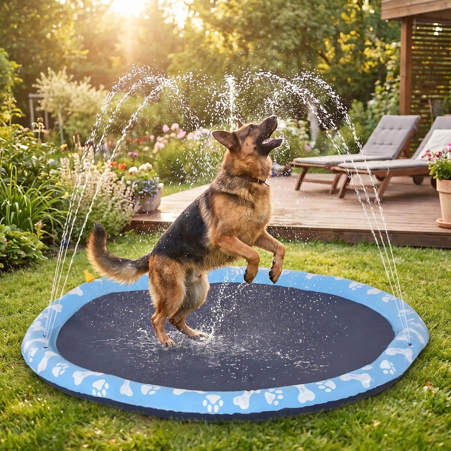 Tapis-d-eau-pour-chien-aquatique-avec-jet-d-eau, installation immédiate sans gonflage ni outil, se branche directement au tuyau d'arrosage et donne des jets de différentes hateur selon le réglage d'ouverture du robinet d'eau, antidérapant, ultra-résistant aux griffes avec PVC épaissi et motif mignon sur le boudin d'os et de pattes pour chien de couleur blanc-un chien de grande taille au milieu du tapis d'eau sous les jets qu'ils essayent d'attraper dans le jardin de la maison en été