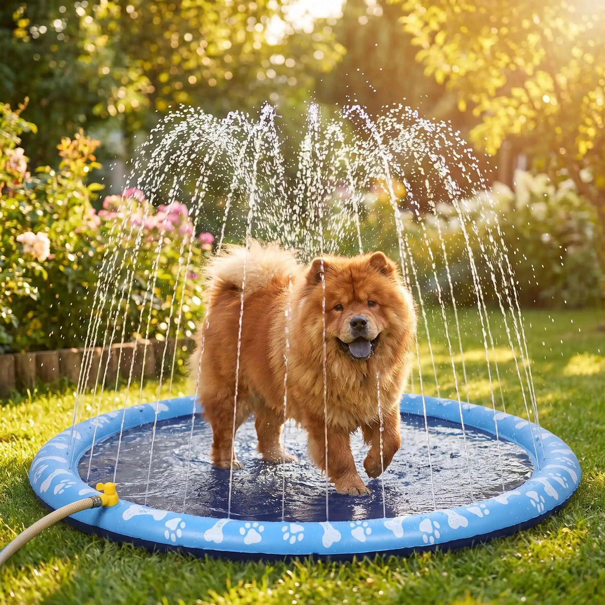 Tapis-d-eau-pour-chien-aquatique-avec-jet-d-eau, installation immédiate sans gonflage ni outil, se branche directement au tuyau d'arrosage et donne des jets de différentes hateur selon le réglage d'ouverture du robinet d'eau, antidérapant, ultra-résistant aux griffes avec PVC épaissi et motif mignon sur le boudin d'os et de pattes pour chien de couleur blanc-un chien de moyenne taille à poils épais et long au milieu du tapis d'eau sous les jets qui le rafraichit dans le jardin de la maison en été