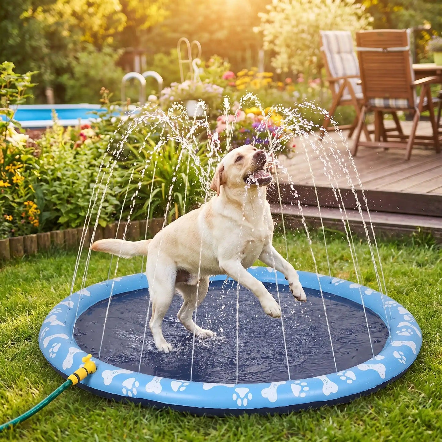 Tapis-d-eau-pour-chien-aquatique-avec-jet-d-eau, installation immédiate sans gonflage ni outil, se branche directement au tuyau d'arrosage et donne des jets de différentes hateur selon le réglage d'ouverture du robinet d'eau, antidérapant, ultra-résistant aux griffes avec PVC épaissi et motif mignon sur le boudin d'os et de pattes pour chien de couleur blanc-un chien de grande race au milieu du tapis d'eau sous les jets qu'il essaye d'attraper dans le jardin de la maison en été