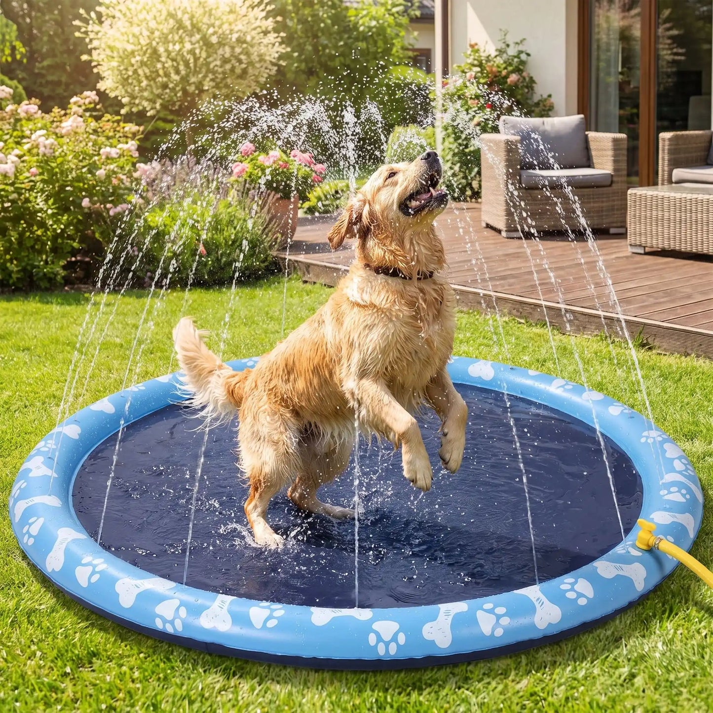 Tapis-d-eau-pour-chien-aquatique-avec-jet-d-eau, installation immédiate sans gonflage ni outil, se branche directement au tuyau d'arrosage et donne des jets de différentes hateur selon le réglage d'ouverture du robinet d'eau, antidérapant, ultra-résistant aux griffes avec PVC épaissi et motif mignon sur le boudin d'os et de pattes pour chien de couleur blanc-un chien de moyenne race au milieu du tapis d'eau sous les jets qu'il essaie d'attraper dans le jardin de la maison en été