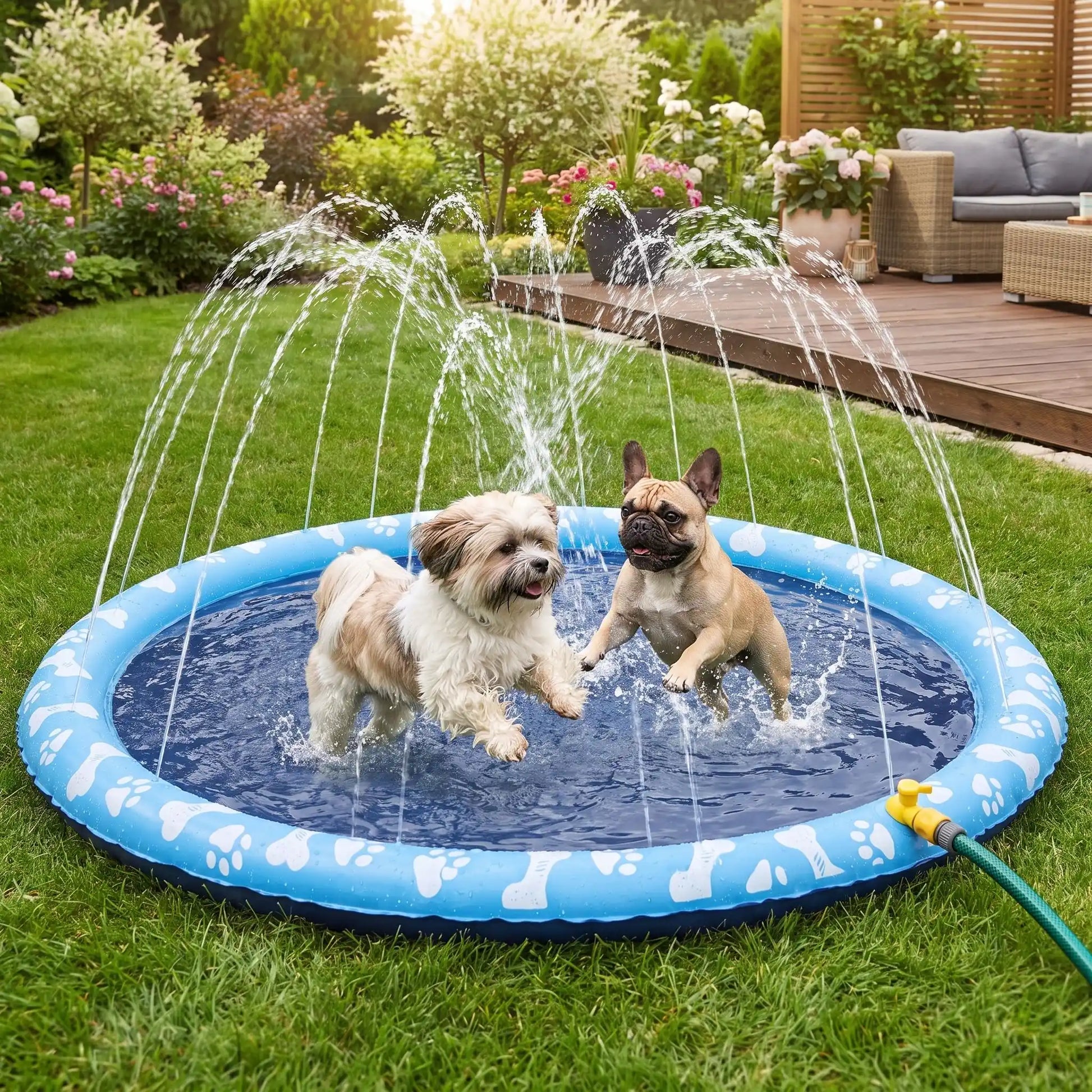 Tapis-d-eau-pour-chien-aquatique-avec-jet-d-eau, installation immédiate sans gonflage ni outil, se branche directement au tuyau d'arrosage et donne des jets de différentes hateur selon le réglage d'ouverture du robinet d'eau, antidérapant, ultra-résistant aux griffes avec PVC épaissi et motif mignon sur le boudin d'os et de pattes pour chien de couleur blanc-deux chiens de race moyenne au milieu du tapis d'eau sous les jets qu'ils essayent d'attraper dans le jardin de la maison en été