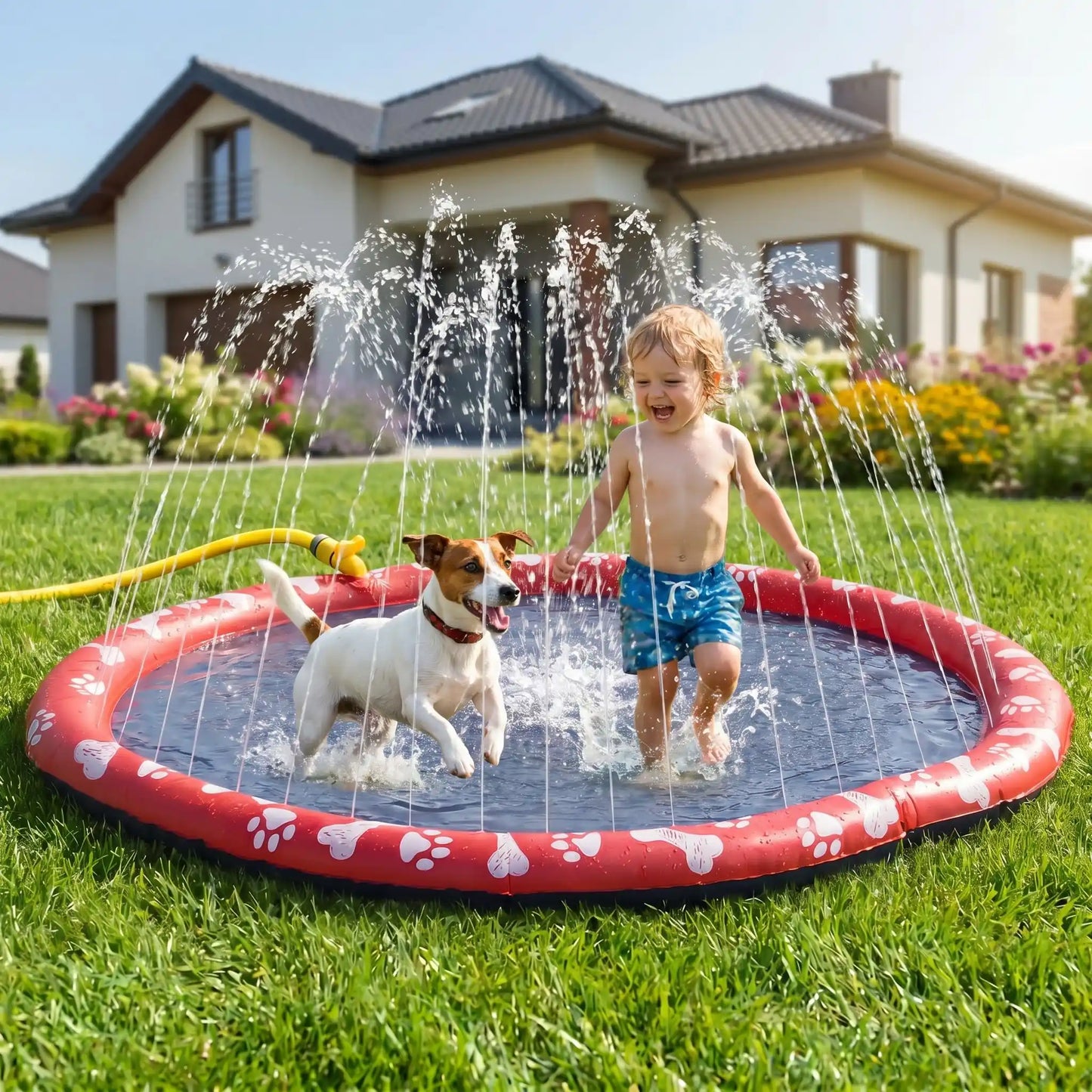 Tapis-d-eau-pour-chien-avec-jet-d-eau, installation immédiate sans gonflage ni outil, se branche directement au tuyau d'arrosage et donne des jets de différentes hateur selon le réglage d'ouverture du robinet d'eau, antidérapant, ultra-résistant aux griffes avec PVC épaissi et motif mignon sur le boudin d'os et de pattes pour chien de couleur blanc-un petit garçon qui joue et patauge avec un petit chien sur le tapis d'eau avec jets en action, branché sur le tuyau d'arrosage du jardin de la maison en été
