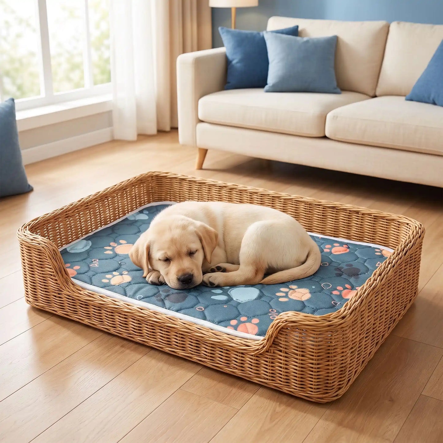 Tapis-d-hygiene-pour-chien-chiot- ultra absorbant, pour l'incontinence, post opératoire, apprentissage propreté, rembourrage super épais 100% coton haute densité, surface douce et imperméable, fond antiderapant, disponible en 3 tailles S,M et L pour protéger les meubles, siège, literie canine, ou surface de couchage pour chien adulte de petite à moyenne race-un chiot de grande race qui dort couché sur son tapis 100% absorbant confortable et respirant comme protection du coussin de son panier en osier 