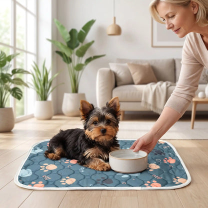 Tapis-d-hygiene-pour-chien-chiot- ultra absorbant, pour l'incontinence, post opératoire, apprentissage propreté, rembourrage super épais 100% coton haute densité, surface douce et imperméable, fond antiderapant, disponible en 3 tailles S,M et L pour protéger les meubles, siège, literie canine, ou surface de couchage pour chien adulte de petite à moyenne race-un chiot de petite race couché avec sa gamelle d'eau à côté posée par sa maitresse, sur son tapis 100% absorbant confortable qui protège le sol 