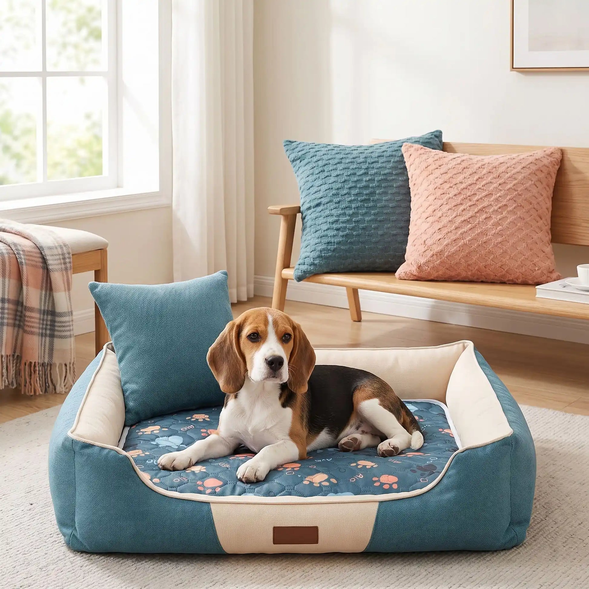 Tapis-d-hygiene-pour-chien-chiot- ultra absorbant, pour l'incontinence, post opératoire, apprentissage propreté, rembourrage super épais 100% coton haute densité, surface douce et imperméable, fond antiderapant, disponible en 3 tailles S,M et L pour protéger les meubles, siège, literie canine, ou surface de couchage pour chien adulte de petite à moyenne race-un chien moyenne race couché sur son tapis 100% absorbant confortable et respirant dans son panier en tissu protégé des accidents et saletés