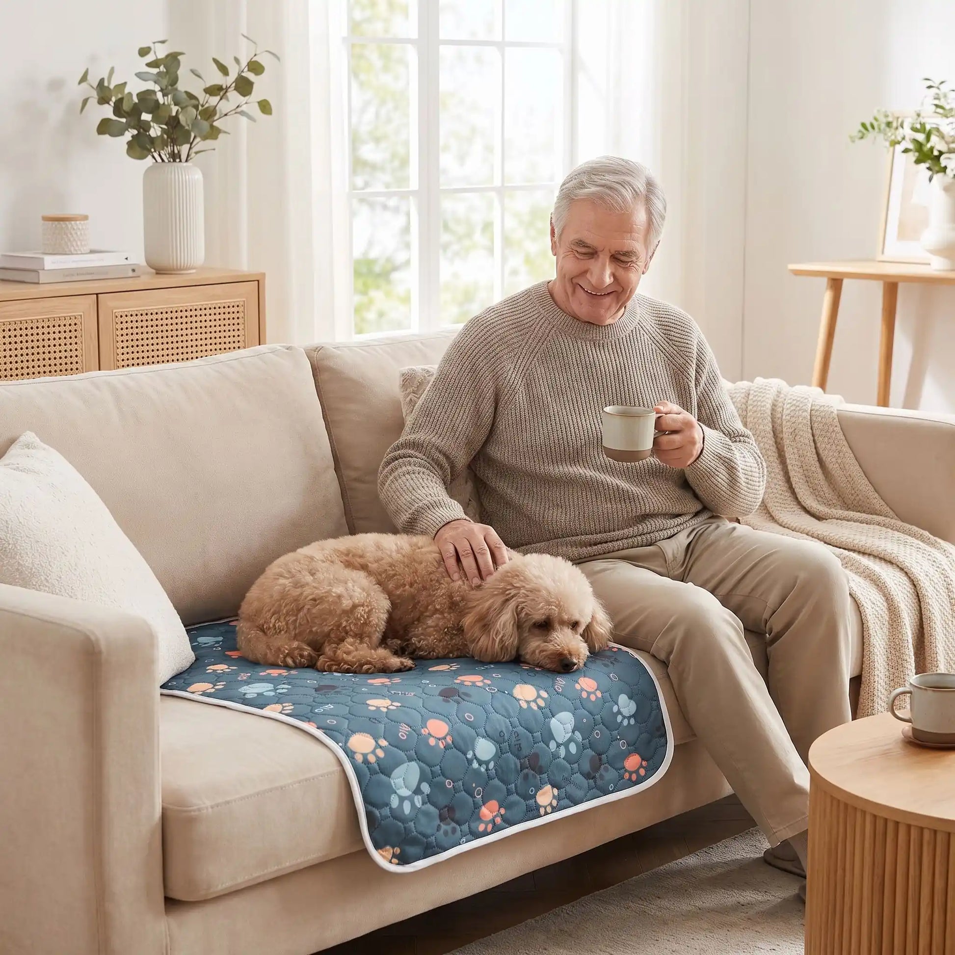 Tapis-d-hygiene-pour-chien-chiot- ultra absorbant, pour l'incontinence, post opératoire, apprentissage propreté, rembourrage super épais 100% coton haute densité, surface douce et imperméable, fond antiderapant, disponible en 3 tailles S,M et L pour protéger les meubles, siège, literie canine, ou surface de couchage pour chien adulte de petite à moyenne race-un chien moyenne race couché sur son tapis 100% absorbant confortable et respirant à coté de son maitr qui le caresse en buvant son café sur le canapé 