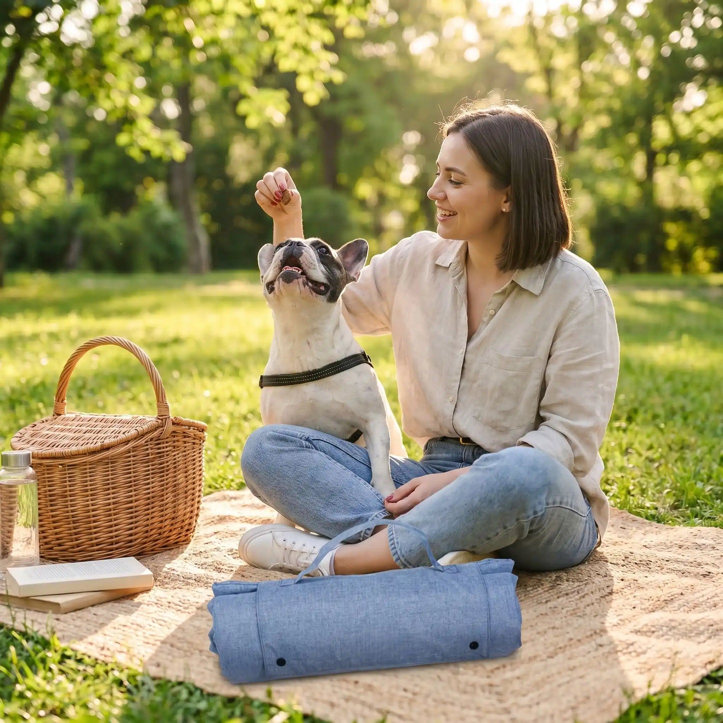Tapis voyage chien imperméable pour chien-lavable un grand chien assis sur son tapis qui protège la voiture, idéal pour voyage et transport en voiture, à la plage, en foret, en camping, en randonnée, en sortie, un tapis 4 saisons, réversible, rembourrage 100% Coton PP et housse nylon résistante aux griffes, pliable et portable avec sa poignée de transport pour chien - une propriétaire avec son bouledogue français et son tapis taille L plié lavable en machine dans le parc en été