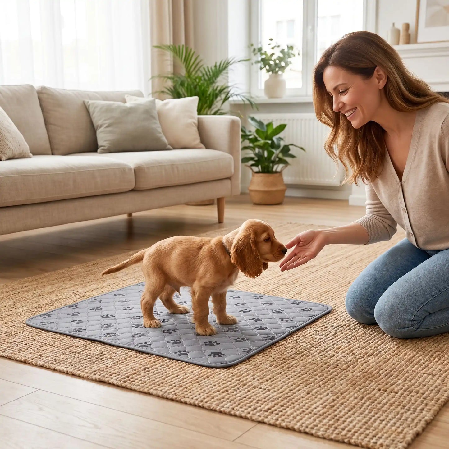 Tapis-educateur-pour-chien-chiot-absorbant-lot-de-2, confortable, épais, solide, résistant aux griffes, protection efficace pour protection des meubles, literie canine, transport, lavable en machine, antidérapant, 100% imperméable, avec design mignon de pattes de chien, disponible en  2 couleurs gris et rose, et deux tailles M et XL jusqu'à 100 cm de longueur pour chiot et chien de toutes tailles-un chiot  qui apprend à faire ses besoins avec l'aide de sa maitresse sur le tapis 100% absorbant dans le salon