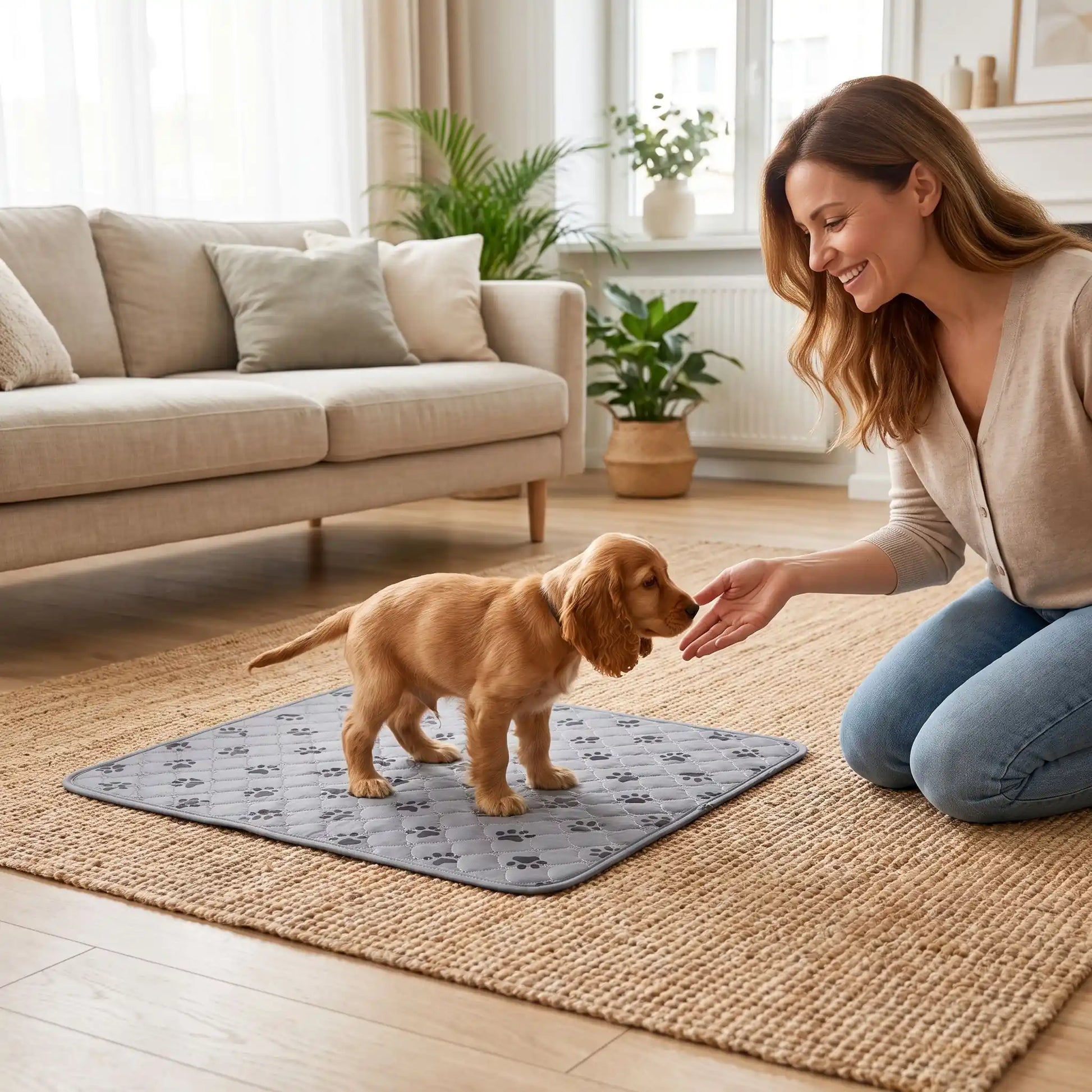Tapis-educateur-pour-chien-chiot-absorbant-lot-de-2, confortable, épais, solide, résistant aux griffes, protection efficace pour protection des meubles, literie canine, transport, lavable en machine, antidérapant, 100% imperméable, avec design mignon de pattes de chien, disponible en  2 couleurs gris et rose, et deux tailles M et XL jusqu'à 100 cm de longueur pour chiot et chien de toutes tailles-un chiot  qui apprend à faire ses besoins avec l'aide de sa maitresse sur le tapis 100% absorbant dans le salon
