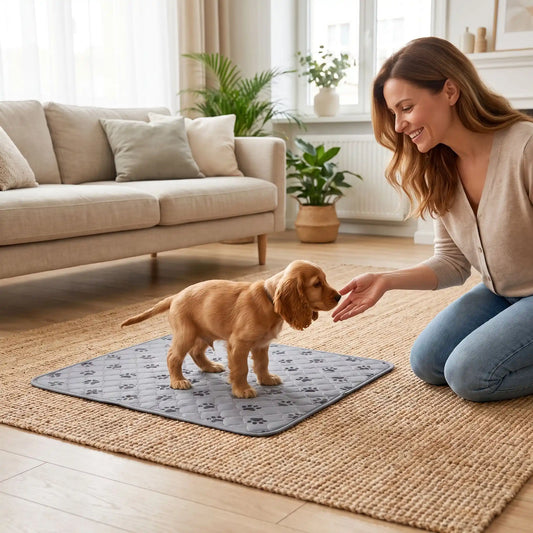 Tapis-educateur-pour-chien-chiot-absorbant-lot-de-2, confortable, épais, solide, résistant aux griffes, protection efficace pour protection des meubles, literie canine, transport, lavable en machine, antidérapant, 100% imperméable, avec design mignon de pattes de chien, disponible en  2 couleurs gris et rose, et deux tailles M et XL jusqu'à 100 cm de longueur pour chiot et chien de toutes tailles-un chiot  qui apprend à faire ses besoins avec l'aide de sa maitresse sur le tapis 100% absorbant dans le salon