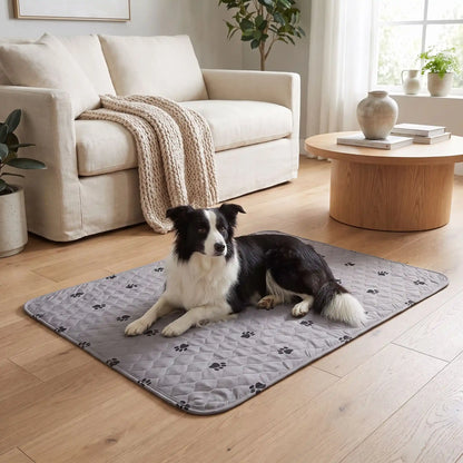 Tapis-educateur-pour-chien-chiot-absorbant-lot-de-2, confortable, épais, solide, résistant aux griffes, protection efficace pour protection des meubles, literie canine, transport, lavable en machine, antidérapant, 100% imperméable, avec design mignon de pattes de chien, disponible en  2 couleurs gris et rose, et deux tailles M et XL jusqu'à 100 cm de longueur pour chiot et chien de toutes tailles-un chien âgé de taille moyenne couché confortablement sur le tapis 100% absorbant xl dans le salon