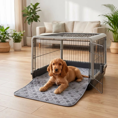 Tapis-educateur-pour-chien-chiot-absorbant-lot-de-2, confortable, épais, solide, résistant aux griffes, protection efficace pour protection des meubles, literie canine, transport, lavable en machine, antidérapant, 100% imperméable, avec design mignon de pattes de chien, disponible en  2 couleurs gris et rose, et deux tailles M et XL jusqu'à 100 cm de longueur pour chiot et chien de toutes tailles-un chien âgé couché sur le tapis 100% absorbant confortable et épais dans sa cage de transport