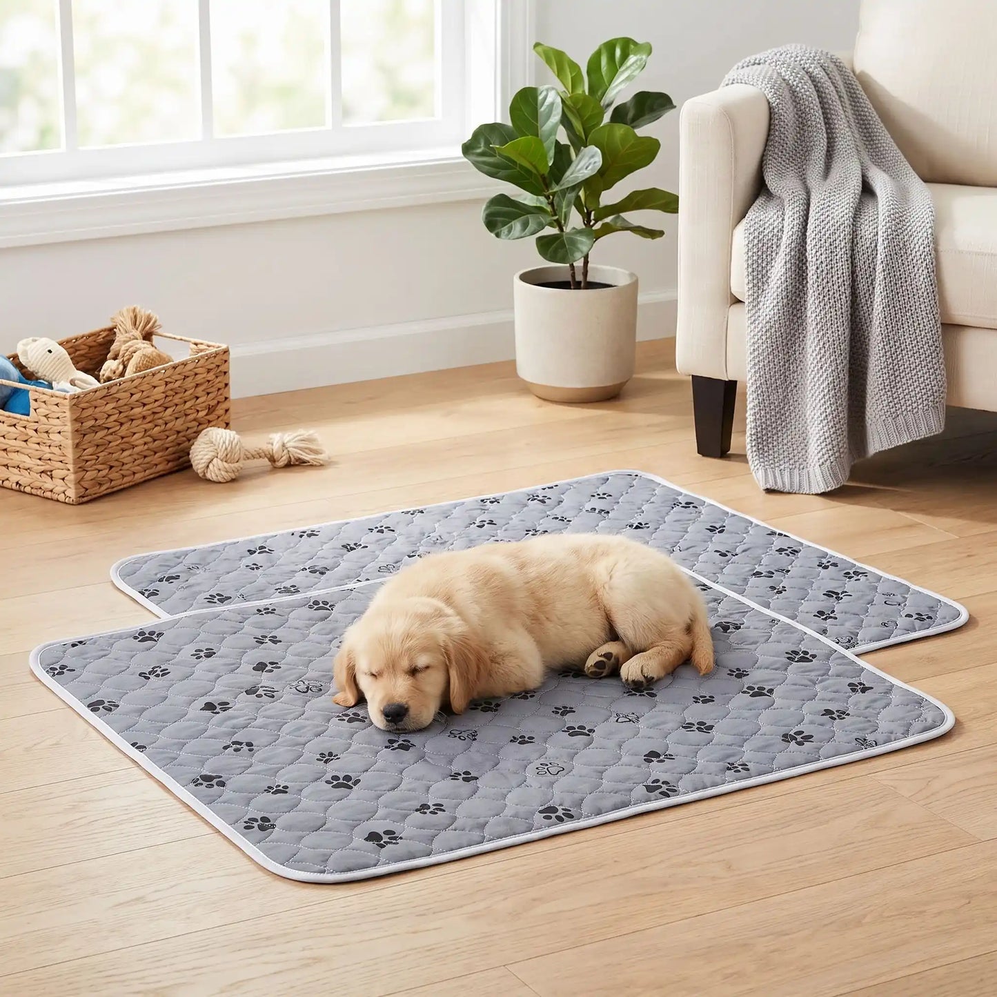 Tapis-educateur-pour-chien-chiot-absorbant-lot-de-2, confortable, épais, solide, résistant aux griffes, protection efficace pour protection des meubles, literie canine, transport, lavable en machine, antidérapant, 100% imperméable, avec design mignon de pattes de chien, disponible en  2 couleurs gris et rose, et deux tailles M et XL jusqu'à 100 cm de longueur pour chiot et chien de toutes tailles-un chiot  qui dort paisiblement sur le tapis 100% absorbant doux et confortable