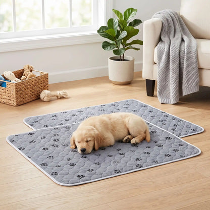 Tapis-educateur-pour-chien-chiot-absorbant-lot-de-2, confortable, épais, solide, résistant aux griffes, protection efficace pour protection des meubles, literie canine, transport, lavable en machine, antidérapant, 100% imperméable, avec design mignon de pattes de chien, disponible en  2 couleurs gris et rose, et deux tailles M et XL jusqu'à 100 cm de longueur pour chiot et chien de toutes tailles-un chiot  qui dort paisiblement sur le tapis 100% absorbant doux et confortable