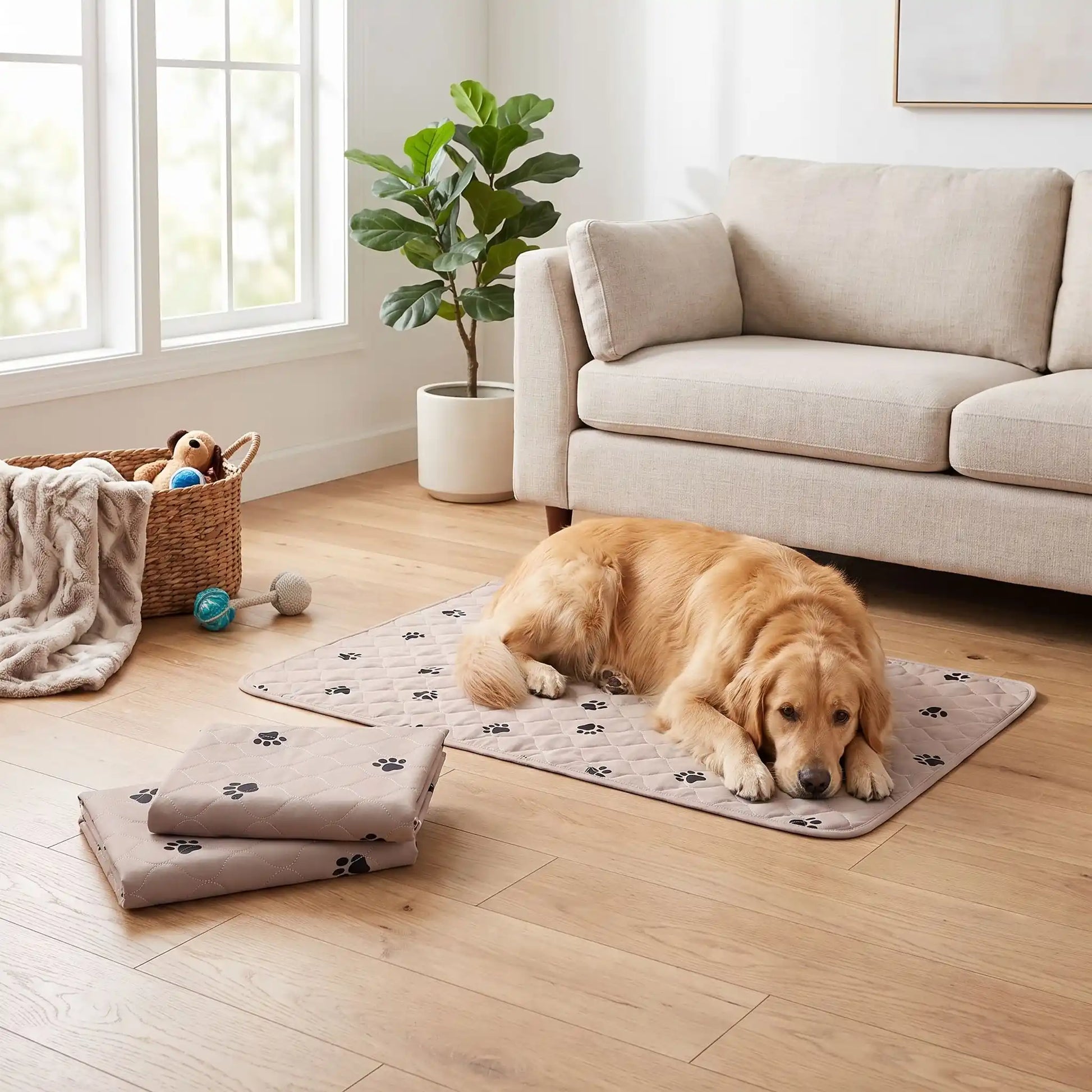 Tapis-educateur-pour-chien-chiot-absorbant-lot-de-2, confortable, épais, solide, résistant aux griffes, protection efficace pour protection des meubles, literie canine, transport, lavable en machine, antidérapant, 100% imperméable, avec design mignon de pattes de chien, disponible en  2 couleurs gris et rose, et deux tailles M et XL jusqu'à 100 cm de longueur pour chiot et chien de toutes tailles-un grand chien âgé couché sur le tapis 100% absorbant dans le salon