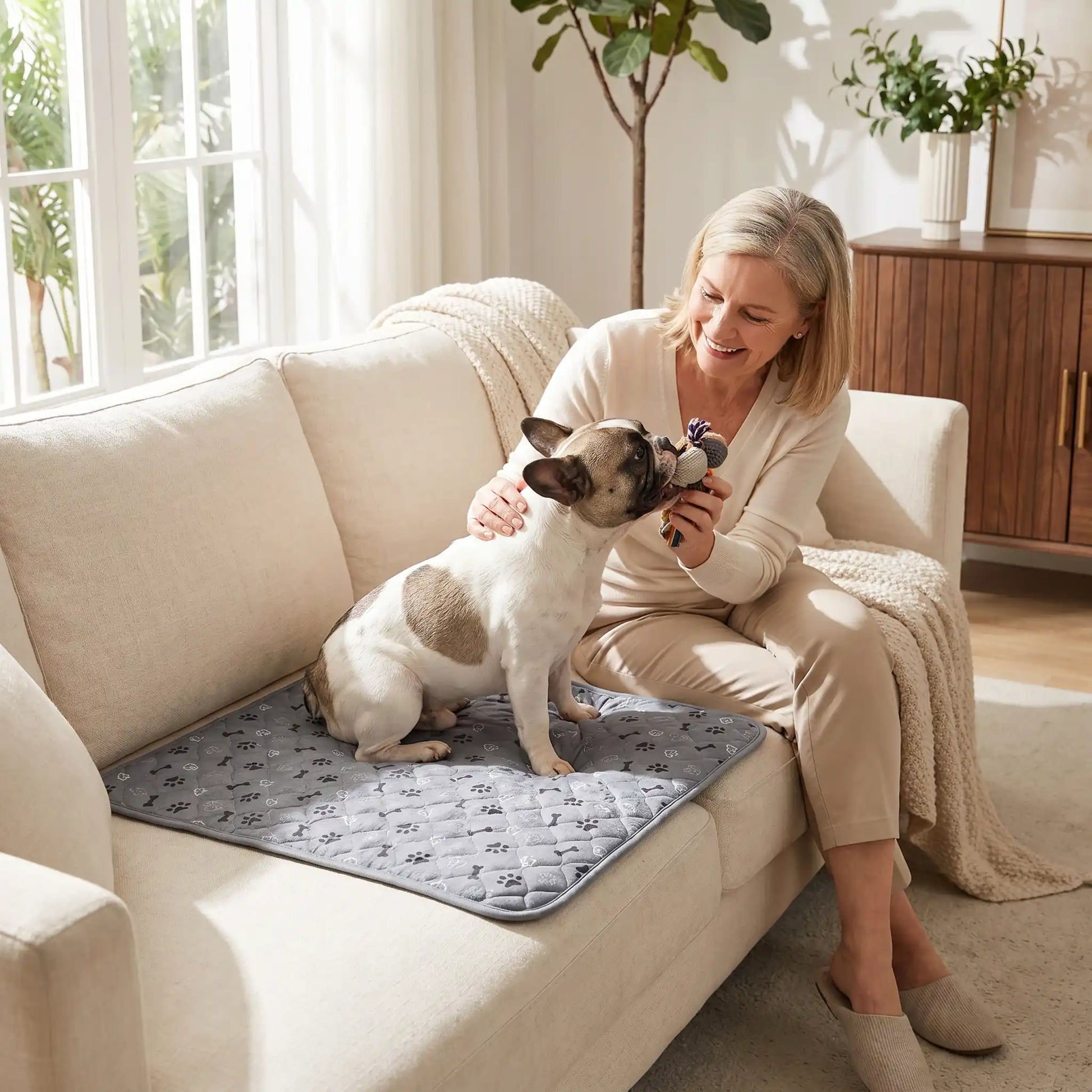Tapis hygiène chien, chiot, propreté, absorbant-chien-chiot-motif design de coeur, os et pattes de chien, surface matelassée douce et hypoallergénique, rembourré en coton haute densité ultra-absorbant, 4 couches avec TPU 100% imperméable et résistant aux griffes, antidérapant, lavable en machine  de couleur gris en 4 taille M, L, XL et XXL pour chiot et chien de petite à très grande taille-un chien moyen couché confortablement sur son tapis gris sur le canapé en protection à côté de sa maitresse 