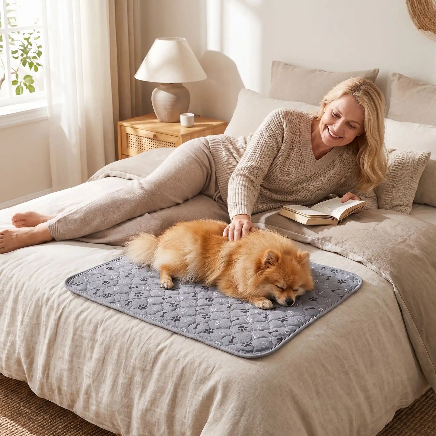 Tapis hygiène chien, chiot, propreté, absorbant-chien-chiot-motif design de coeur, os et pattes de chien, surface matelassée douce et hypoallergénique, rembourré en coton haute densité ultra-absorbant, 4 couches avec TPU 100% imperméable et résistant aux griffes, antidérapant, lavable en machine  de couleur gris en 4 taille M, L, XL et XXL pour chiot et chien de petite à très grande taille-un petit chien couché confortablement sur son tapis qui protège le lit avec sa maitresse qui le caresse tendrement 