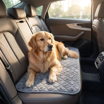 Tapis hygiène chien, chiot, propreté, absorbant-chien-chiot-motif design de coeur, os et pattes de chien, surface matelassée douce et hypoallergénique, rembourré en coton haute densité ultra-absorbant, 4 couches avec TPU 100% imperméable et résistant aux griffes, antidérapant, lavable en machine  de couleur gris en 4 taille M, L, XL et XXL pour chiot et chien de petite à très grande taille-un chien de grande taille couché confortablement sur son tapis gris qui protège les sièges arrière de la voiture