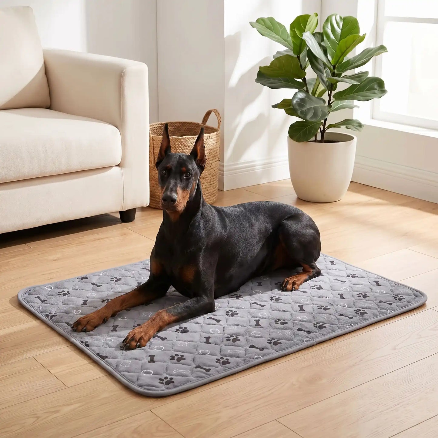 Tapis hygiène chien, chiot, propreté, absorbant-chien-chiot-motif design de coeur, os et pattes de chien, surface matelassée douce et hypoallergénique, rembourré en coton haute densité ultra-absorbant, 4 couches avec TPU 100% imperméable et résistant aux griffes, antidérapant, lavable en machine  de couleur gris en 4 taille M, L, XL et XXL pour chiot et chien de petite à très grande taille-un chien de grande taille couché confortablement sur son tapis gris sur le sol en parquet du salon de l'appartement 