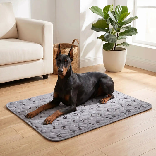 Tapis hygiène chien, chiot, propreté, absorbant-chien-chiot-motif design de coeur, os et pattes de chien, surface matelassée douce et hypoallergénique, rembourré en coton haute densité ultra-absorbant, 4 couches avec TPU 100% imperméable et résistant aux griffes, antidérapant, lavable en machine  de couleur gris en 4 taille M, L, XL et XXL pour chiot et chien de petite à très grande taille-un chien de grande taille couché confortablement sur son tapis gris sur le sol en parquet du salon de l'appartement 