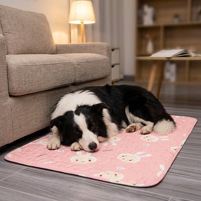 Tapis-pour-chiens-100% imperméable, 100 %coton haute densité lavable en machine, polyvalent, solide et résistant aux griffes, rafraichissant pour l'été et confortable en hiver, protège vos sols et vos meubles, disponible en 4 tailles du XS au L pour chiot et chien de petite à moyenne taille de 0 à 25 kg avec motif mignon-un chien de race moyenne qui dort paisiblement sur son tapis confortable rose avec motif mignon de lapin sur le sol du salon de la maison