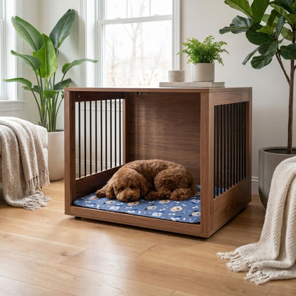 Tapis-pour-chiens-100% imperméable, 100 %coton haute densité lavable en machine, polyvalent, solide et résistant aux griffes, rafraichissant pour l'été et confortable en hiver, protège vos sols et vos meubles, disponible en 4 tailles du XS au L pour chiot et chien de petite à moyenne taille de 0 à 25 kg avec motif mignon-un chien de taille moyenne qui dort paisiblement sur son tapis bleu avec motif mignon de chien et d'os dans la niche en bois interieur dans salon de la maison
