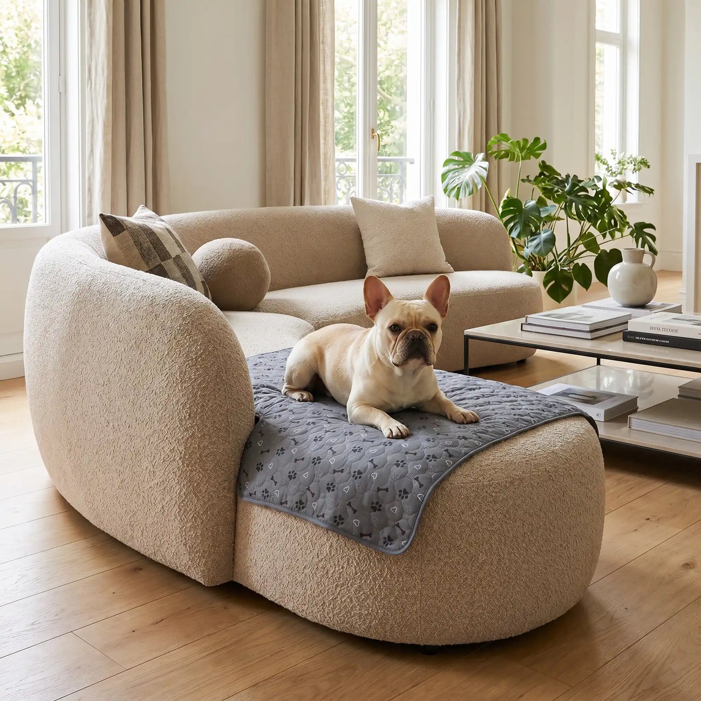 Tapis-impermeable-chien-chiot-motif design de bouledogue francais, os et pattes de chien, surface matelassée douce et hypoallergénique, rembourré en coton haute densité ultra-absorbant, 4 couches avec TPU 100% imperméable et résistant aux griffes, antidérapant, lavable en machine à 30° de couleur gris en 4 taille M, L, XL et XXL pour chiot et chien de petite à très grande taille-un Bouledogue français couché confortablement sur son tapis gris sur le canapé du salon protégé des griffes, accident et saleté 