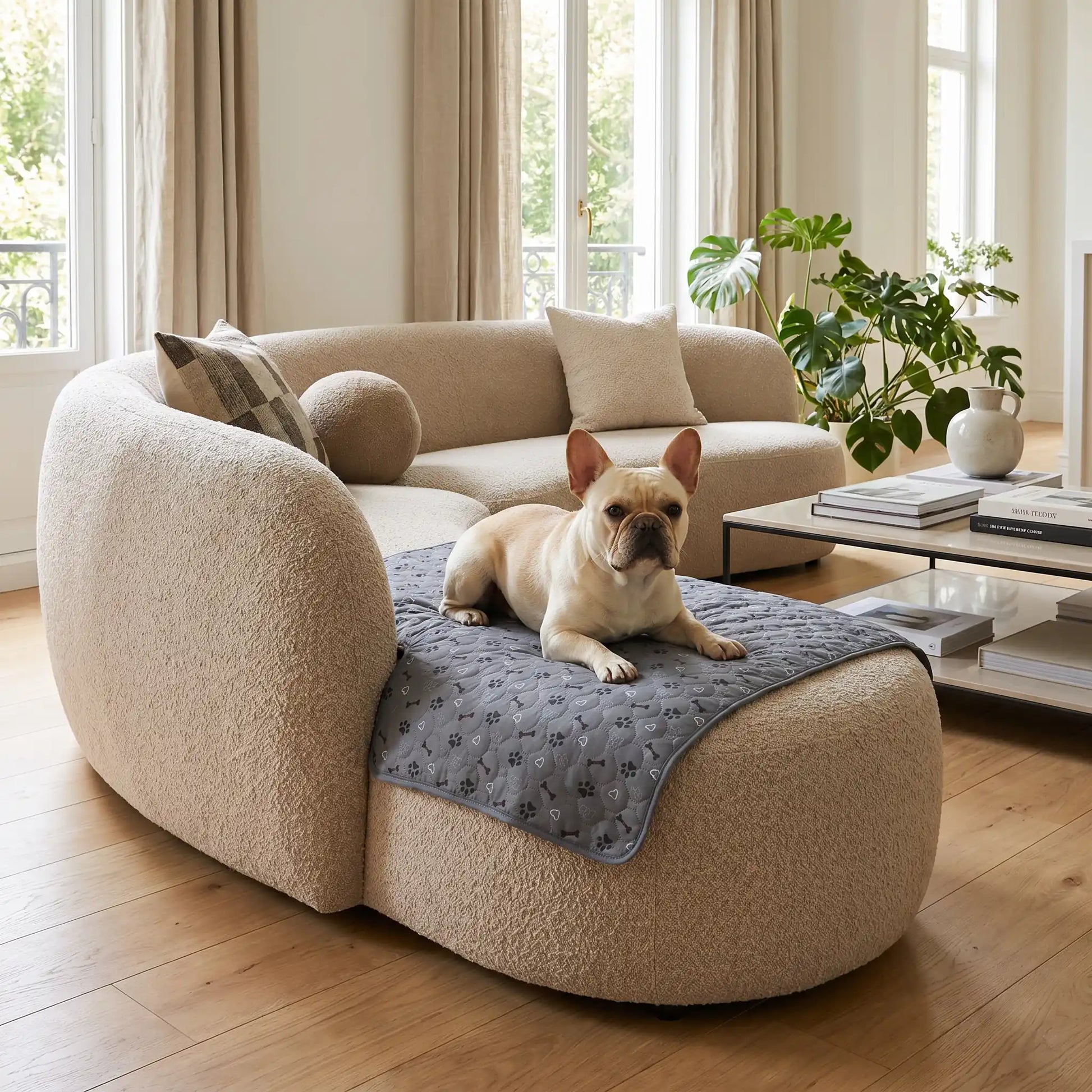 Tapis-impermeable-chien-chiot-motif design de bouledogue francais, os et pattes de chien, surface matelassée douce et hypoallergénique, rembourré en coton haute densité ultra-absorbant, 4 couches avec TPU 100% imperméable et résistant aux griffes, antidérapant, lavable en machine à 30° de couleur gris en 4 taille M, L, XL et XXL pour chiot et chien de petite à très grande taille-un Bouledogue français couché confortablement sur son tapis gris sur le canapé du salon protégé des griffes, accident et saleté 