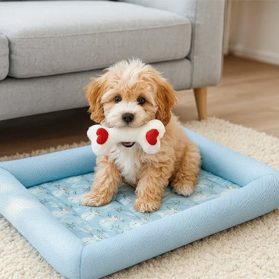 Tapis-pour-Chien-rafraichissant-ergonomique-avec rebord surélevé et protecteur-antidérapant et lavable en machine-un petit chien avec son jouet en forme d'os dans sa mâchoire sur le tapis rafraichissant respirant rembourré 100% coton et imperméable sur le sol du salon en plein été