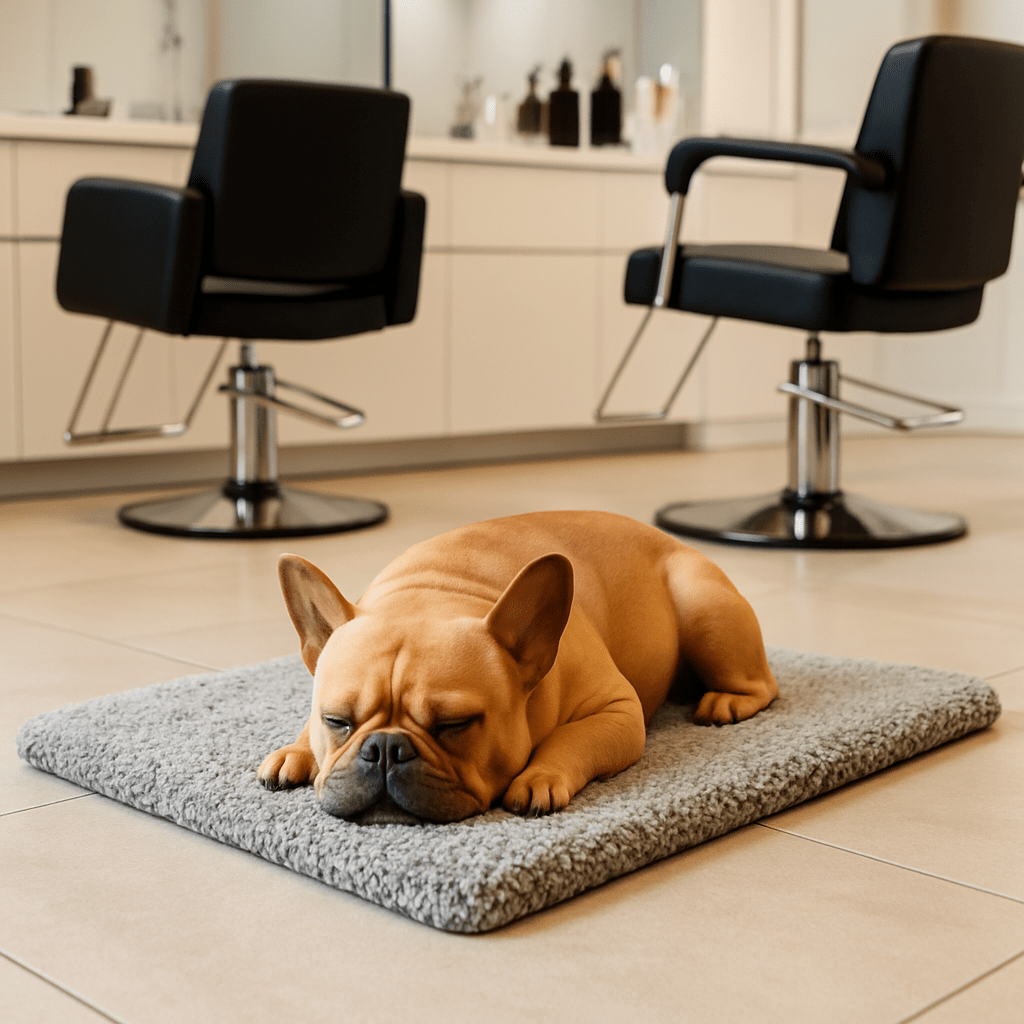 Tapis-pour-chien-chauffant-déhoussable-lavable en machine-réfléchissant-housse en peluche douce et épaisse, résistante aux griffes-sans-électricité et sans danger-rembourrage 100% coton haute densité-antidérapant-un petit chien qui dort paisiblement sur son tapis chauffant marron sur le sol froid 