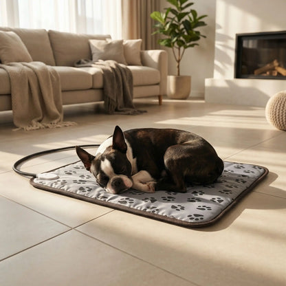 Tapis-pour-chien-chauffant-electrique-couverture rembourrée 100% coton imperméable avec tissu anti- morsures résistant avec boitier de réglages de trois températures de faible à fort pour une chauffe rapide homogène et sécurisée, économique et lavable avec motif de pattes de chien de couleur gris-un chien de taille moyenne qui dort paisiblement sur son tapis chauffant électrique  sur le sol en carrelage froid du salon