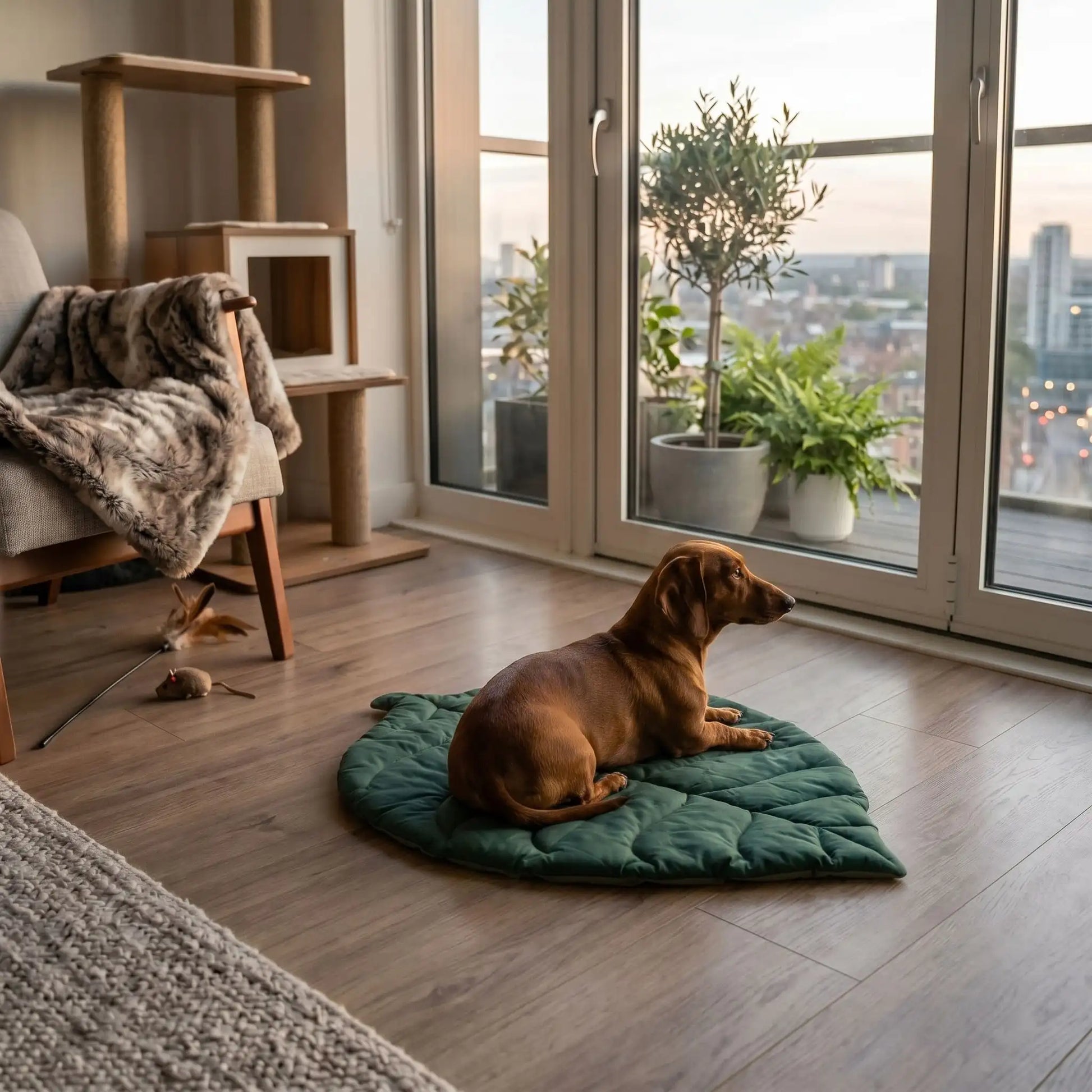Tapis-pour-chien-chiot-design en forme de feuille, 100% coton réversible et rembourrage coton haute densité, coloris vert foncé et vert clair sur l'autre face, coutures solides et finitions soignées pour un couchage chien décoratif et polyvalent, léger transportable, coussin douillet pour chiot et chien de petite taille de 0 à 10 kilos-un teckel apaisé et couché confortablement sur le tapis original , épais , douillet et design en forme de feuille de couleur vert sur le sol du salon de la maison